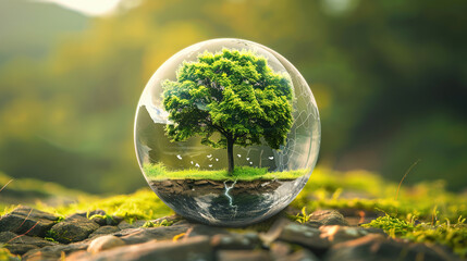 glass ball with tree inside. Tree in Glass Ball with Bright Lighting