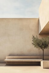 Minimalist Modern Architecture with Concrete Walls and a Single Tree in a Serene Outdoor Setting