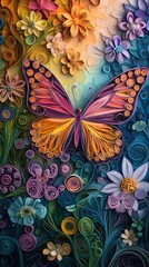 A colorful butterfly made of paper quilling, flying over vibrant flowers in an enchanted garden with soft lighting and a dreamy atmosphere