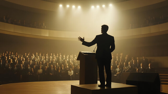 Passionate orator silhouette at podium addressing large crowd. Dramatic lighting emphasizes intense political discourse. Public speaking, leadership, and democracy concepts in action.