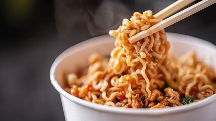 Chopsticks lifting a steaming bundle of spicy ramen noodles from a cup, featuring a mix of delicious textures and flavors ideal for a quick and tasty meal on the go.