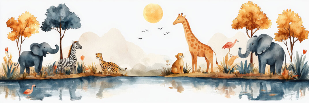 Fototapeta Watercolor painting of an African safari scene with animals.