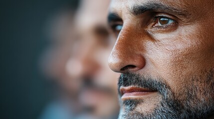 Obraz premium A close-up profile view of a man with a contemplative expression, focused on something in the distance, highlighting his thoughtful side.