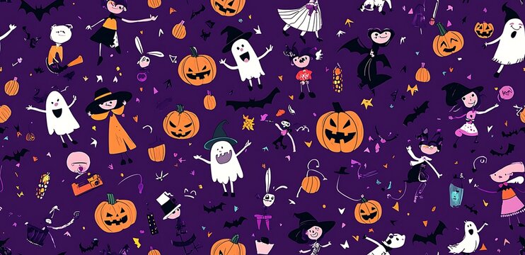 Helloween cartoon style characters seamless pattern