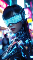 Fototapeta premium Futuristic figure in a neon-lit urban environment, wearing high-tech visor and reflective attire.