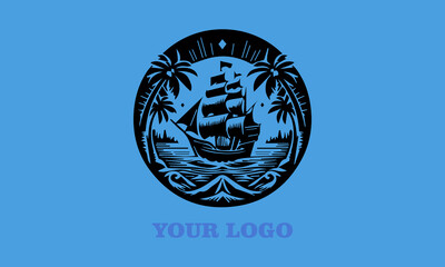 Black silhouette ship sailing on waves with Your Logo text. Suitable for company branding, nautical themes, vektor, background travel promotions, and maritime businesses