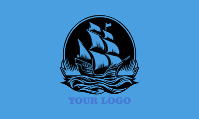 Black silhouette ship sailing on waves with Your Logo text. Suitable for company branding, nautical themes, vektor, background travel promotions, and maritime businesses