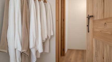Neutral-colored bathrobes hanging neatly on hooks beside a wooden door in a bright and calm hallway, creating a welcoming and organized atmosphere with simple aesthetics.