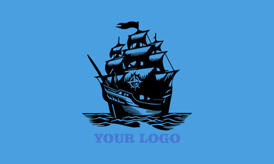 Black silhouette ship sailing on waves with Your Logo text. Suitable for company branding, nautical themes, vektor, background travel promotions, and maritime businesses