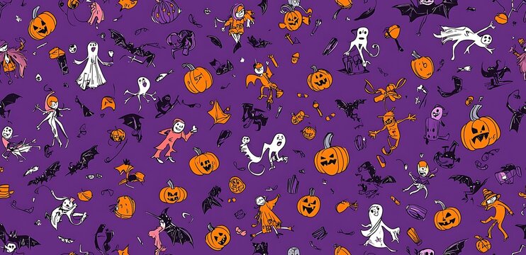 Helloween cartoon style characters seamless pattern