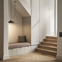 A modern narrow corridor features cozy nook with soft cushion, complemented by elegant wooden stairs. minimalist design creates serene atmosphere