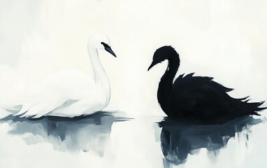 Fototapeta premium Two swans, one white and one black, gracefully reflecting on still water.
