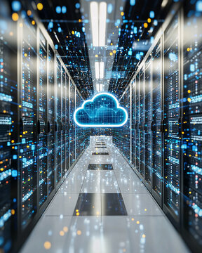 A glowing cloud icon hovers in a futuristic data center, symbolizing cloud computing
