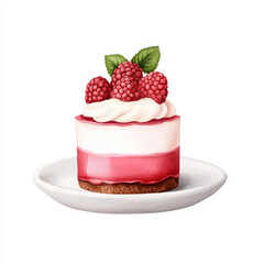Delicious raspberry dessert on a plate, white isolate background.