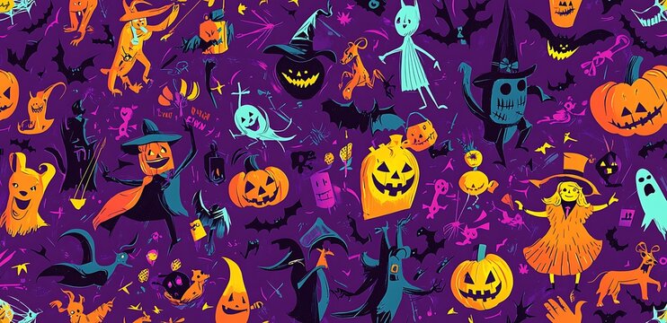 Helloween cartoon style characters seamless pattern