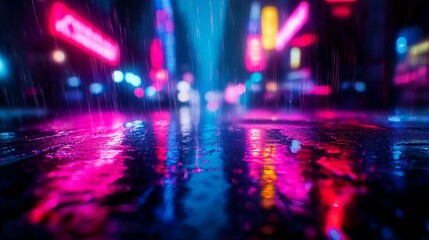 Vibrant city nightlife with neon lights reflecting on wet pavement.