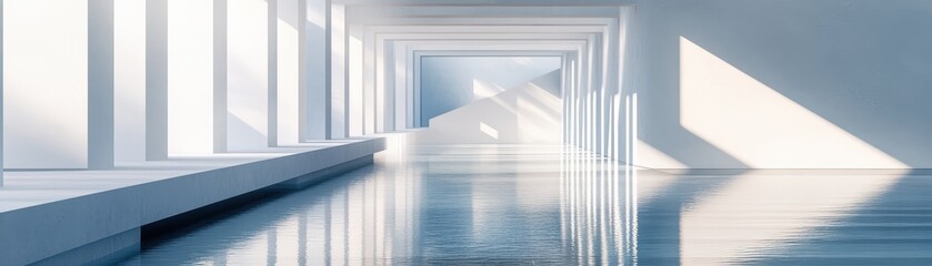 Fototapeta premium Modern Minimalist Architecture with Sunlit Reflections on Water in a White Hallway