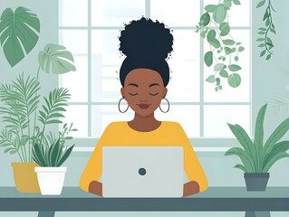 Woman working on laptop surrounded by plants