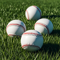  Several white baseballs with red stitching on a grassy field