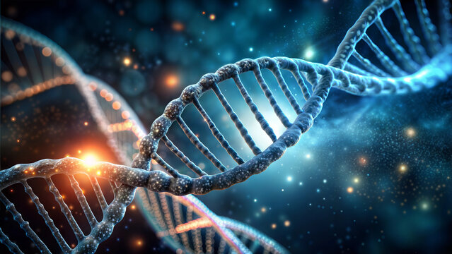 Glowing DNA strand with highlighted defective gene against starry background representing genetic research