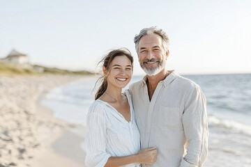Obraz premium Couple hugging and smiling on the beach the soft sound of waves behind them golden light of sunset creating a beautiful happy memory