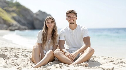 Fototapeta premium Couple sitting on the sand side by side smiling for the camera with the vast ocean behind them soft sunlight creating a serene and happy atmosphere
