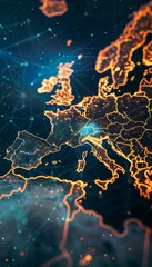 A dynamic digital map of europe showcasing data flow and connectivity in cyber technology
