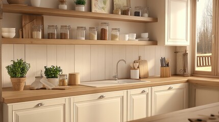 A cozy country kitchen features white cabinets and wooden shelves filled with glass jars, enhanced by a lovely view of nature through balcony doors.