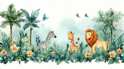 Obraz premium Cute watercolor illustration of a zebra, giraffe, and lion in the jungle.