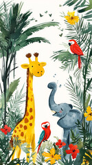 Cute cartoon animals in a jungle setting.