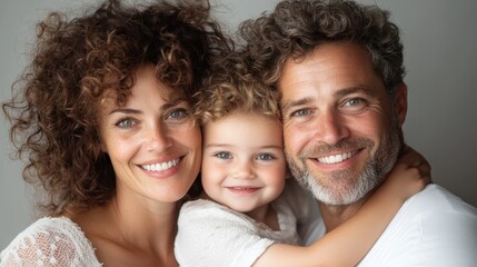 A joyful, curly-haired family of three pose closely together, exuding affection and happiness, celebrating their bond with smiles and warmth in this family portrait.