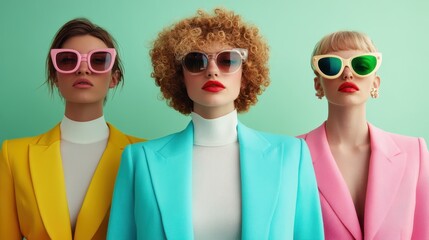 Three women with distinct styles wearing colorful, retro-inspired suits in front of a pastel wall, giving a bold statement in fashion, individuality, and creativity.