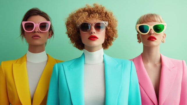 Three women with distinct styles wearing colorful, retro-inspired suits in front of a pastel wall, giving a bold statement in fashion, individuality, and creativity.