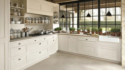 Fototapeta premium A cozy country kitchen features white cabinets and wooden shelves filled with glass jars, enhanced by a lovely view of nature through balcony doors