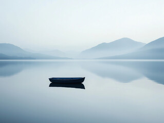 Solitary Boat on Misty Lake at Dawn, Serene and Tranquil Morning Scene with Soft Light