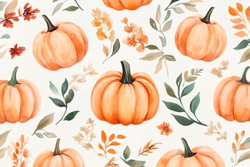 A painting of pumpkins and leaves with a fall theme. The pumpkins are orange and the leaves are green