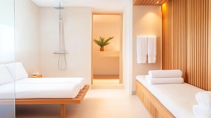 Contemporary spa suite with sleek design, rain showers, and ambient music