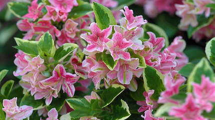 Fototapeta premium Pink Flowers with Variegated Leaves A Close-Up View