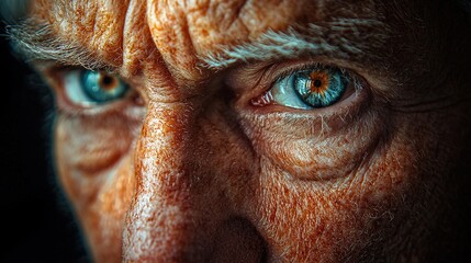   A man's face in close-up, featuring blue and orange eyes and visible wrinkles