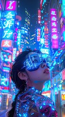 A futuristic cityscape featuring a woman in neon attire and glasses amidst vibrant lights.