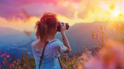 A woman with a camera on a beautiful background 