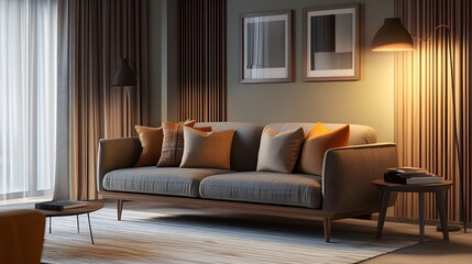 Comfortable seating sofa. Furniture for modern interior, minimalist design. Living room interior with sofa.