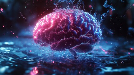 Colorful brain emerging from water, vibrant neon effect.
