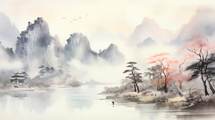 Fototapeta premium Chinese style ink painting Jiangnan background