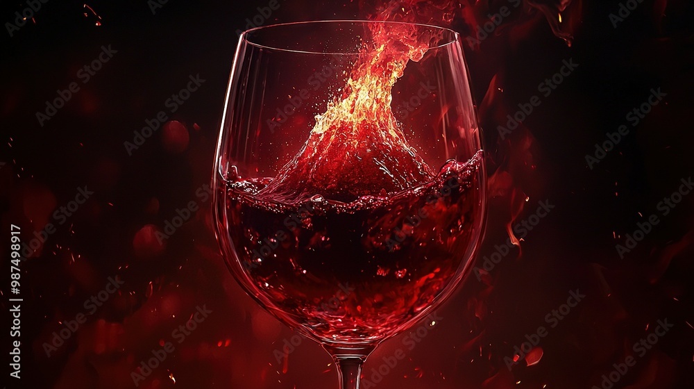 Poster   Close-up of wine glass with liquid splashing on black background, red background