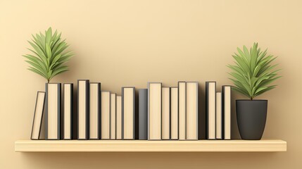 Wooden floating shelves feature an elegant arrangement of books and decorative plants, enhancing the minimalist aesthetic of the beige wall in a cozy space