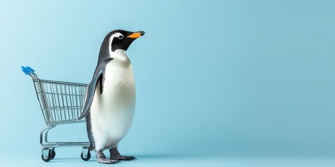 Fototapeta premium Playful Penguin with Shopping Cart on Light Blue Background