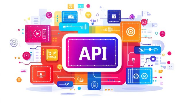 API Marketplace: A virtual marketplace with different API icons, representing a platform for discovering and using APIs . "API" ,isolate on white background 