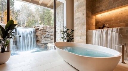Luxury spa suite with a freestanding tub and cascading indoor waterfall