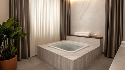 Luxurious spa suite with velvet curtains, soft ambient lighting, and a marble tub